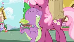 Size: 1280x720 | Tagged: safe, screencap, character:apple bumpkin, character:cheerilee, character:rainbowshine, character:spike, episode:secret of my excess, g4, my little pony: friendship is magic, apple family member, hug