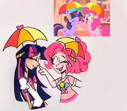 Size: 2453x2139 | Tagged: safe, artist:citi, screencap, character:pinkie pie, character:twilight sparkle, species:human, episode:feeling pinkie keen, g4, my little pony: friendship is magic, boop, clothing, cutie mark, cutie mark on clothes, hat, humanized, one eye closed, scene interpretation, screencap reference, umbrella hat, wink
