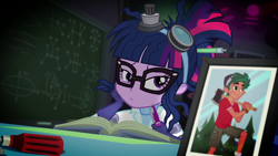 Size: 1280x720 | Tagged: safe, screencap, character:timber spruce, character:twilight sparkle, character:twilight sparkle (scitwi), species:eqg human, episode:mad twience, eqg summertime shorts, g4, my little pony:equestria girls, axe, book, camp everfree outfits, clothing, cute, female, glasses, implied shipping, implied straight, implied timbertwi, lab coat, laboratory, legs, male, meme origin, photo, picture frame, scientist, shorts, smiling, timberbetes, weapon