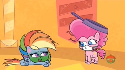 Size: 1669x931 | Tagged: safe, screencap, character:pinkie pie, character:rainbow dash, episode:pinkie pie: hyper-helper, g4.5, my little pony:pony life, spoiler:pony life s01e06, face mask, frying pan, sickbow dash