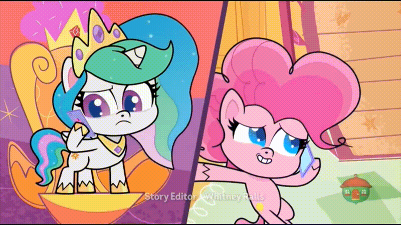 Size: 800x450 | Tagged: safe, screencap, character:pinkie pie, character:princess celestia, episode:pinkie pie: hyper-helper, g4.5, my little pony:pony life, spoiler:pony life s01e06, animated, bipedal, bipedal leaning, breaking the fourth wall, celestia is not amused, cellphone, gif, leaning, leaning back, leaning on the fourth wall, phone, pinkie being pinkie, smartphone, unamused, wide eyes
