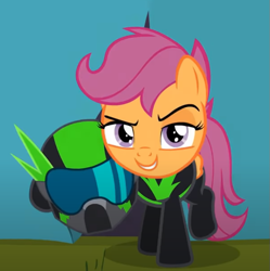 Size: 639x641 | Tagged: safe, screencap, character:scootaloo, species:pegasus, species:pony, episode:the washouts, g4, my little pony: friendship is magic, clothing, cropped, helmet, looking at you, raised eyebrow, smiling, smirk, solo, uniform, washouts uniform