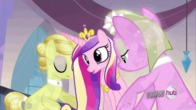 Size: 680x383 | Tagged: safe, screencap, character:princess cadance, species:alicorn, species:crystal pony, species:pony, episode:games ponies play, g4, my little pony: friendship is magic, animated, background pony, crown, female, golden glitter, hat pop, hub logo, lilac luster, mare, spa pony, surprised