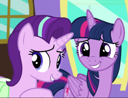 Size: 863x663 | Tagged: safe, screencap, character:starlight glimmer, character:twilight sparkle, character:twilight sparkle (alicorn), species:alicorn, species:pony, episode:all bottled up, g4, my little pony: friendship is magic, cropped, duo, smiling