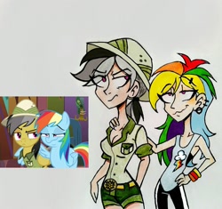 Size: 2279x2138 | Tagged: safe, artist:citi, screencap, character:daring do, character:rainbow dash, species:human, episode:stranger than fanfiction, breasts, cleavage, clothing, cutie mark, cutie mark on clothes, darin do is not amused, delicious flat chest, eyebrow piercing, faec, humanized, piercing, rainbow flat, scene interpretation, screencap reference, smug, smugdash