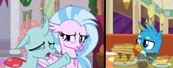 Size: 1846x720 | Tagged: safe, screencap, character:gallus, character:ocellus, character:silverstream, species:changedling, species:changeling, species:griffon, species:hippogriff, species:reformed changeling, angry, booth, diner, drink, food, meme, pancakes, pie, pointing, syrup, woman yelling at a cat