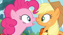 Size: 1280x720 | Tagged: safe, screencap, character:applejack, character:pinkie pie, species:earth pony, species:pony, episode:pinkie apple pie, g4, my little pony: friendship is magic, season 4, boop, duo, duo female, duo focus, female, looking at each other, nose to nose, nose wrinkle, noseboop, open mouth