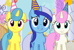 Size: 1371x936 | Tagged: safe, screencap, character:lemon hearts, character:minuette, character:twinkleshine, species:pony, species:unicorn, episode:amending fences, g4, my little pony: friendship is magic, clothing, cropped, cute, hat, looking at you, minubetes, party hat, smiling, trio