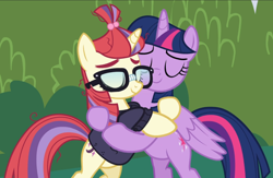Size: 1438x938 | Tagged: safe, screencap, character:moondancer, character:twilight sparkle, character:twilight sparkle (alicorn), species:alicorn, species:pony, species:unicorn, episode:amending fences, g4, my little pony: friendship is magic, bipedal, cute, dancerbetes, duo, eyes closed, glasses, hug, twiabetes, wings