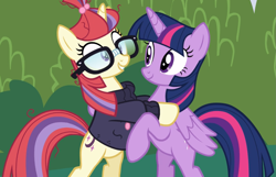 Size: 1455x936 | Tagged: safe, screencap, character:moondancer, character:twilight sparkle, character:twilight sparkle (alicorn), species:alicorn, species:pony, species:unicorn, episode:amending fences, g4, my little pony: friendship is magic, bipedal, cropped, duo, excited, glasses, smiling, wings