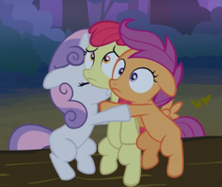 Size: 739x624 | Tagged: safe, screencap, character:apple bloom, character:scootaloo, character:sweetie belle, species:pegasus, species:pony, episode:sleepless in ponyville, g4, my little pony: friendship is magic, adorabloom, cropped, cute, cutealoo, cutie mark crusaders, diasweetes, floppy ears, holding each other, log, scared, scary, sitting, trio