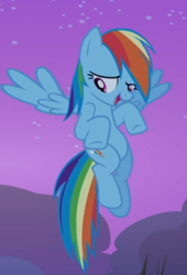 Size: 406x596 | Tagged: safe, screencap, character:rainbow dash, species:pegasus, species:pony, episode:sleepless in ponyville, g4, my little pony: friendship is magic, cropped, flying, looking down, open mouth, solo, spread wings, wings