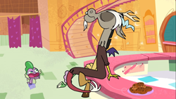 Size: 1366x768 | Tagged: safe, screencap, character:discord, character:spike, species:draconequus, species:dragon, episode:discord's peak, g4.5, my little pony:pony life, spoiler:pony life s01e14, cookie, food, plate, plate of cookies, staircase, stairs, winged spike
