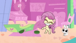 Size: 640x360 | Tagged: safe, screencap, character:angel bunny, character:fluttershy, species:pegasus, species:pony, species:rabbit, episode:the fast and the furriest, g4.5, my little pony:pony life, spoiler:pony life s01e11, angel is not amused, animal, animated, car, car jack, sound, webm