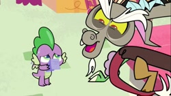 Size: 1366x768 | Tagged: safe, screencap, character:discord, character:spike, species:draconequus, species:dragon, episode:discord's peak, g4.5, my little pony:pony life, spoiler:pony life s01e14, spoilers for another series, spoiler, winged spike