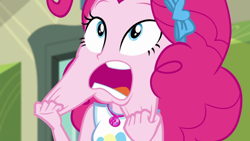 Size: 1920x1080 | Tagged: safe, screencap, character:pinkie pie, episode:stressed in show, g4, my little pony:equestria girls, female, geode of sugar bombs, magical geodes, solo, stretching
