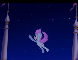 Size: 668x518 | Tagged: safe, screencap, species:earth pony, species:pony, g4, my little pony: the movie (2017), airborne, background pony, canterlot, cropped, female, happy, mare, night, offscreen character, surprised, unnamed character, unnamed pony