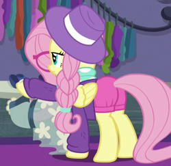 Size: 520x506 | Tagged: safe, screencap, character:fluttershy, episode:fake it 'til you make it, alternate hairstyle, butt, cropped, hipstershy, plot