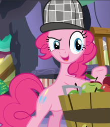 Size: 819x939 | Tagged: safe, screencap, character:pinkie pie, species:earth pony, species:pony, episode:secrets and pies, g4, my little pony: friendship is magic, apple, bipedal, clothing, cropped, female, food, hat, mare, open mouth, raised eyebrow, raised hoof, smiling, solo