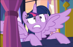 Size: 1329x872 | Tagged: safe, screencap, character:twilight sparkle, character:twilight sparkle (alicorn), species:alicorn, species:pony, episode:a health of information, g4, my little pony: friendship is magic, bed, cropped, faec, shocked, shrunken pupils, solo, spread wings, wings
