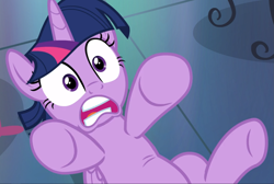 Size: 1397x936 | Tagged: safe, screencap, character:twilight sparkle, character:twilight sparkle (alicorn), species:alicorn, species:pony, episode:a health of information, g4, my little pony: friendship is magic, cropped, laying on ground, shocked, solo, underhoof