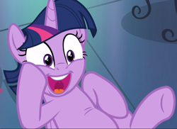 Size: 1290x938 | Tagged: safe, screencap, character:twilight sparkle, character:twilight sparkle (alicorn), species:alicorn, species:pony, episode:a health of information, g4, my little pony: friendship is magic, cropped, cute, excited, hoof on cheek, laying on ground, open mouth, smiling, solo, twiabetes, uvula