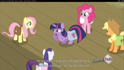 Size: 1920x1080 | Tagged: safe, screencap, character:applejack, character:fluttershy, character:pinkie pie, character:rarity, character:twilight sparkle, episode:games ponies play, g4, my little pony: friendship is magic, youtube caption