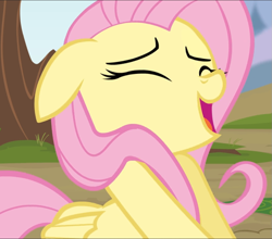 Size: 1065x939 | Tagged: safe, screencap, character:fluttershy, species:pegasus, species:pony, episode:rainbow falls, g4, my little pony: friendship is magic, cropped, cute, eyes closed, floppy ears, open mouth, out of context, outdoors, shyabetes, smiling, solo