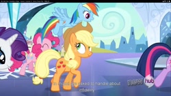 Size: 1920x1080 | Tagged: safe, screencap, character:applejack, character:pinkie pie, character:rainbow dash, character:rarity, character:twilight sparkle, episode:games ponies play, g4, my little pony: friendship is magic, youtube caption