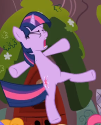 Size: 382x473 | Tagged: safe, screencap, character:twilight sparkle, character:twilight sparkle (unicorn), species:pony, species:unicorn, episode:the ticket master, g4, my little pony: friendship is magic, belly, cropped, eyes closed, midair, open mouth, solo