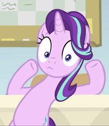 Size: 813x938 | Tagged: safe, screencap, character:starlight glimmer, episode:a horse shoe-in, g4, my little pony: friendship is magic, bipedal, bipedal leaning, cropped, desk, leaning, shocked, solo