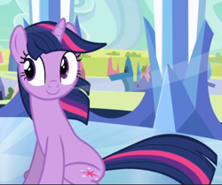 Size: 720x602 | Tagged: safe, screencap, character:twilight sparkle, character:twilight sparkle (unicorn), species:pony, species:unicorn, episode:the crystal empire, g4, my little pony: friendship is magic, cropped, cute, sitting, smiling, solo, twiabetes, windswept mane, windswept tail