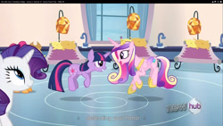 Size: 1920x1080 | Tagged: safe, screencap, character:princess cadance, character:rarity, character:twilight sparkle, episode:games ponies play, g4, my little pony: friendship is magic, sunshine sunshine, youtube caption