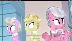 Size: 1920x1080 | Tagged: safe, screencap, character:bonna fide, species:crystal pony, species:pony, episode:games ponies play, g4, my little pony: friendship is magic, background pony, female, golden glitter, lilac luster, mare, rose quartz, shrug, youtube caption
