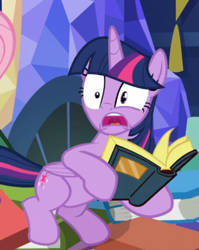 Size: 516x648 | Tagged: safe, screencap, character:twilight sparkle, character:twilight sparkle (alicorn), species:alicorn, species:pony, episode:a health of information, g4, my little pony: friendship is magic, book, cropped, open mouth, solo, startled, uvula