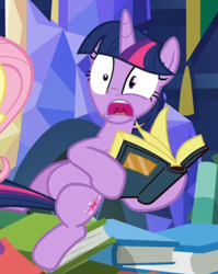 Size: 544x682 | Tagged: safe, screencap, character:twilight sparkle, character:twilight sparkle (alicorn), species:alicorn, species:pony, episode:a health of information, g4, my little pony: friendship is magic, book, cropped, open mouth, shrunken pupils, solo, startled, uvula