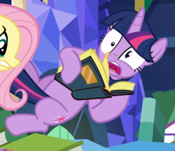 Size: 641x552 | Tagged: safe, screencap, character:fluttershy, character:twilight sparkle, character:twilight sparkle (alicorn), species:alicorn, species:pony, episode:a health of information, g4, my little pony: friendship is magic, book, cropped, shrunken pupils, solo focus, startled