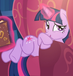 Size: 526x551 | Tagged: safe, screencap, character:twilight sparkle, character:twilight sparkle (alicorn), species:alicorn, species:pony, episode:triple threat, g4, my little pony: friendship is magic, book, chair, cropped, cute, glowing horn, horn, levitation, magic, solo, telekinesis, twiabetes
