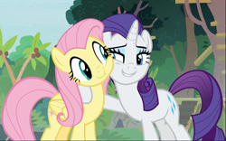 Size: 1491x932 | Tagged: safe, screencap, character:fluttershy, character:rarity, episode:fake it 'til you make it, cheek squish, cropped, cute, hoof around neck, lidded eyes, raribetes, rarity is a marshmallow, shyabetes, smiling, squishy cheeks