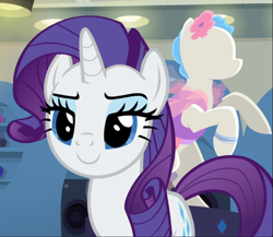 Size: 875x758 | Tagged: safe, screencap, character:rarity, species:pony, species:unicorn, episode:fake it 'til you make it, cropped, lidded eyes, smiling, smirk, solo