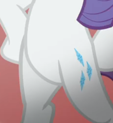 Size: 302x331 | Tagged: safe, screencap, character:rarity, species:pony, species:unicorn, episode:fake it 'til you make it, belly, bipedal, cropped, featureless crotch, hooves on hips, pictures of bellies, solo