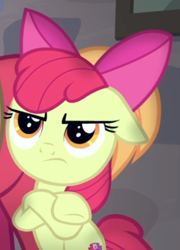 Size: 412x572 | Tagged: safe, screencap, character:apple bloom, episode:hard to say anything, g4, my little pony: friendship is magic, adorabloom, angry, apple bloom is not amused, cropped, cute, floppy ears, madorable, sitting, solo, unamused