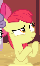 Size: 553x898 | Tagged: safe, screencap, character:apple bloom, episode:the break up break down, cropped, offscreen character, sitting, smiling, solo, thinking
