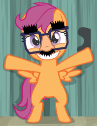 Size: 690x893 | Tagged: safe, screencap, character:scootaloo, species:pegasus, species:pony, episode:hard to say anything, g4, my little pony: friendship is magic, against wall, awkward smile, bipedal, cropped, shimmering spectacles, smiling, solo