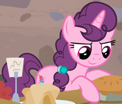Size: 844x720 | Tagged: safe, screencap, character:sugar belle, species:pony, species:unicorn, episode:hard to say anything, g4, my little pony: friendship is magic, cropped, determined, female, focused, food, mare, pie, smiling, solo