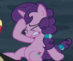 Size: 1021x860 | Tagged: safe, screencap, character:sugar belle, episode:hard to say anything, g4, my little pony: friendship is magic, cropped, eyes closed, injured, sitting, solo