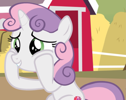 Size: 1183x936 | Tagged: safe, screencap, character:sweetie belle, episode:hard to say anything, g4, my little pony: friendship is magic, cheek squish, cropped, cute, diasweetes, hooves on cheeks, sitting, smiling, solo, squishy cheeks