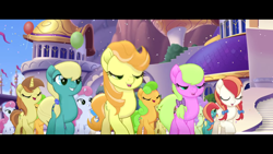 Size: 1920x1080 | Tagged: safe, screencap, character:cantaloupe, character:dawn sunrays, character:nougat praliné, species:earth pony, species:pony, species:unicorn, g4, my little pony: the movie (2017), background pony, balloon, blurry, bow, canterlot, clones, confetti, cornsilk, female, friendship festival, group, hair bow, hairclip, mane bow, marching, mare, raised hoof, singing, unnamed character, unnamed pony, we got this together