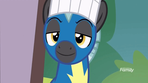 Size: 500x282 | Tagged: safe, screencap, character:thunderlane, species:pegasus, species:pony, episode:marks and recreation, g4, my little pony: friendship is magic, animated, base, chef, chef's hat, clothing, discovery family logo, eyebrow wiggle, eyes half closed, gif, hat, looking at someone, male, raised eyebrows, sitting, solo, stallion, stupid sexy thunderlane, uniform, wonderbolts uniform