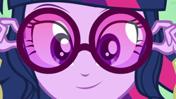 Size: 1920x1080 | Tagged: safe, screencap, character:twilight sparkle, character:twilight sparkle (scitwi), species:eqg human, equestria girls:holidays unwrapped, g4, my little pony:equestria girls, close-up, cornucopia costumes, cute, extreme close up, female, o come all ye squashful, solo, sunglasses, twiabetes